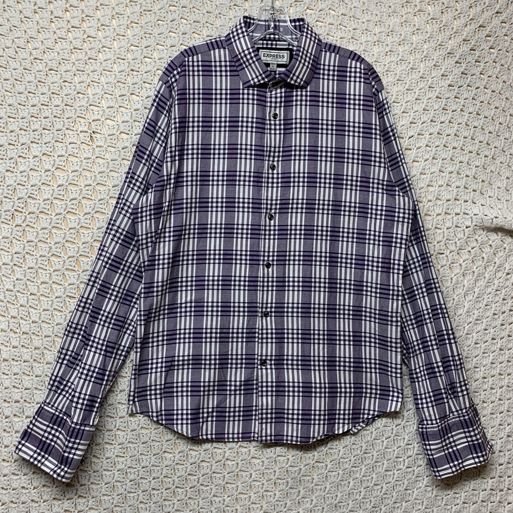 Express Fitted Shirt Men's‎ L 16-16.5 Purple White Plaid Long Sleeve Button Up